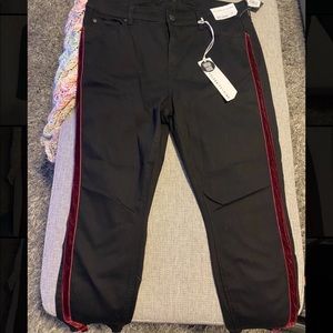 NWT - Black skinny jeans w/ maroon velvet stripes